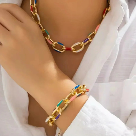 Modern Color Block Chain Jewelry Set – Gold Link Necklace and Bracelet - Picture 3 of 16